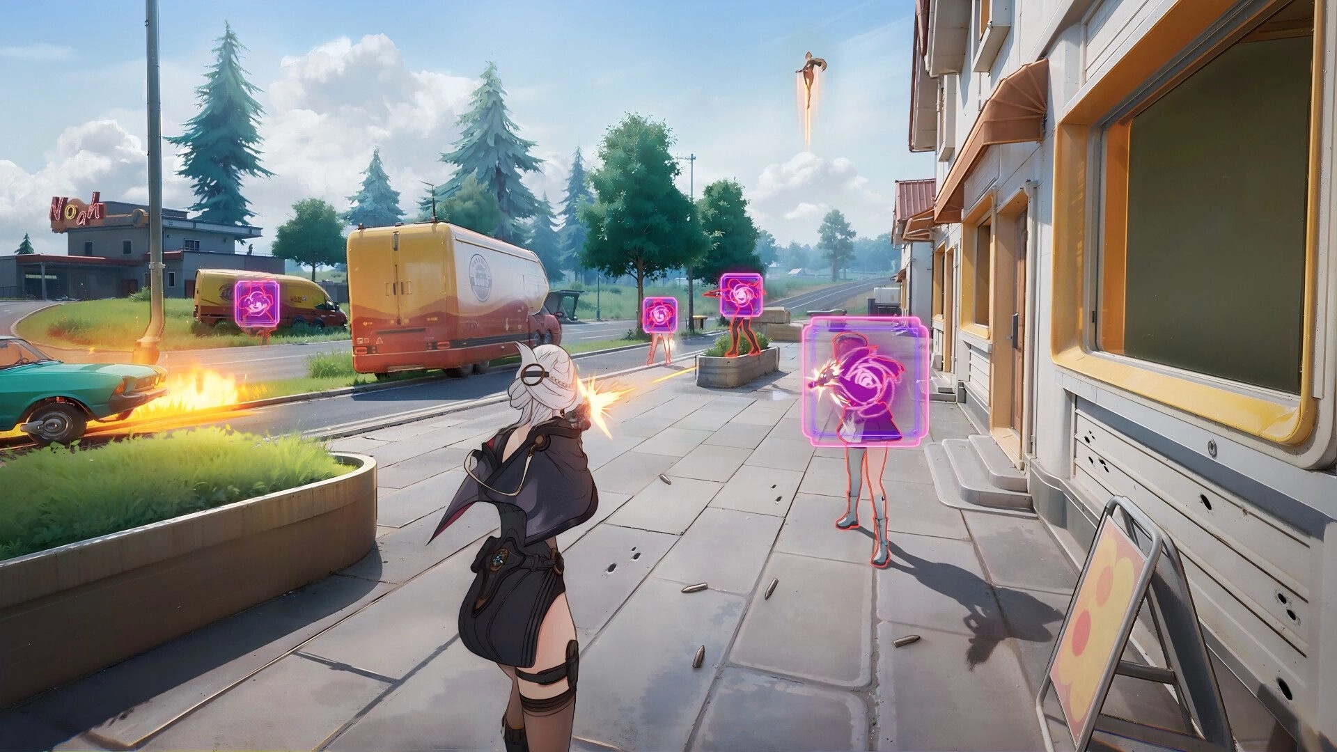 Fate Trigger: Tactical firefight on city street with characters using shields and shooting enemies