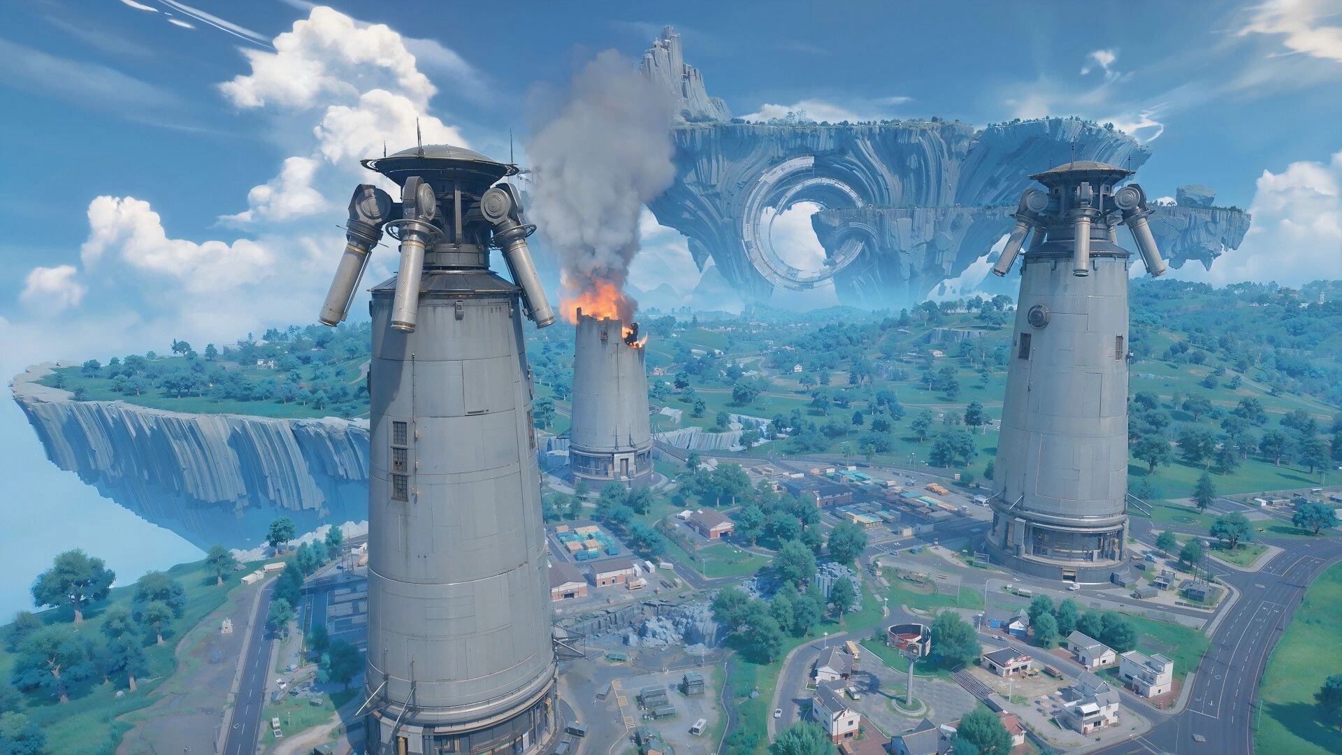 Fate Trigger: Tower engulfed in flames, surrounded by lush landscape and floating islands in background.