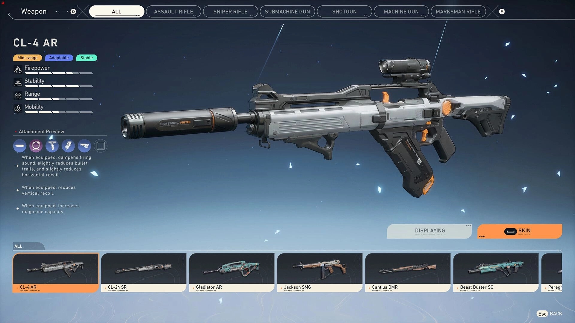 Fate Trigger: Weapon selection screen displaying CL-4 AR stats and attachment options in inventory menu