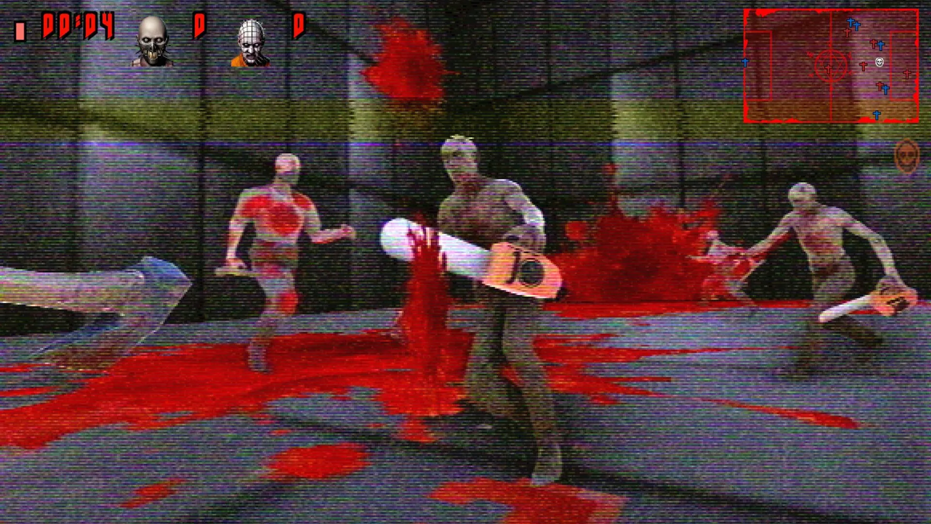 FEAR FA 98: Chainsaw-wielding zombies in blood-splattered arena with HUD displaying player stats