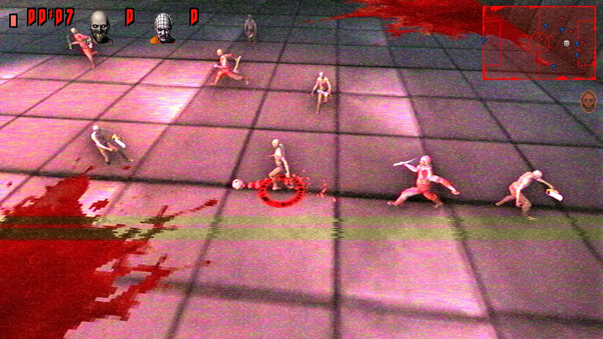 FEAR FA 98: Zombies playing soccer with severed head on blood-stained grid field, mini-map displayed