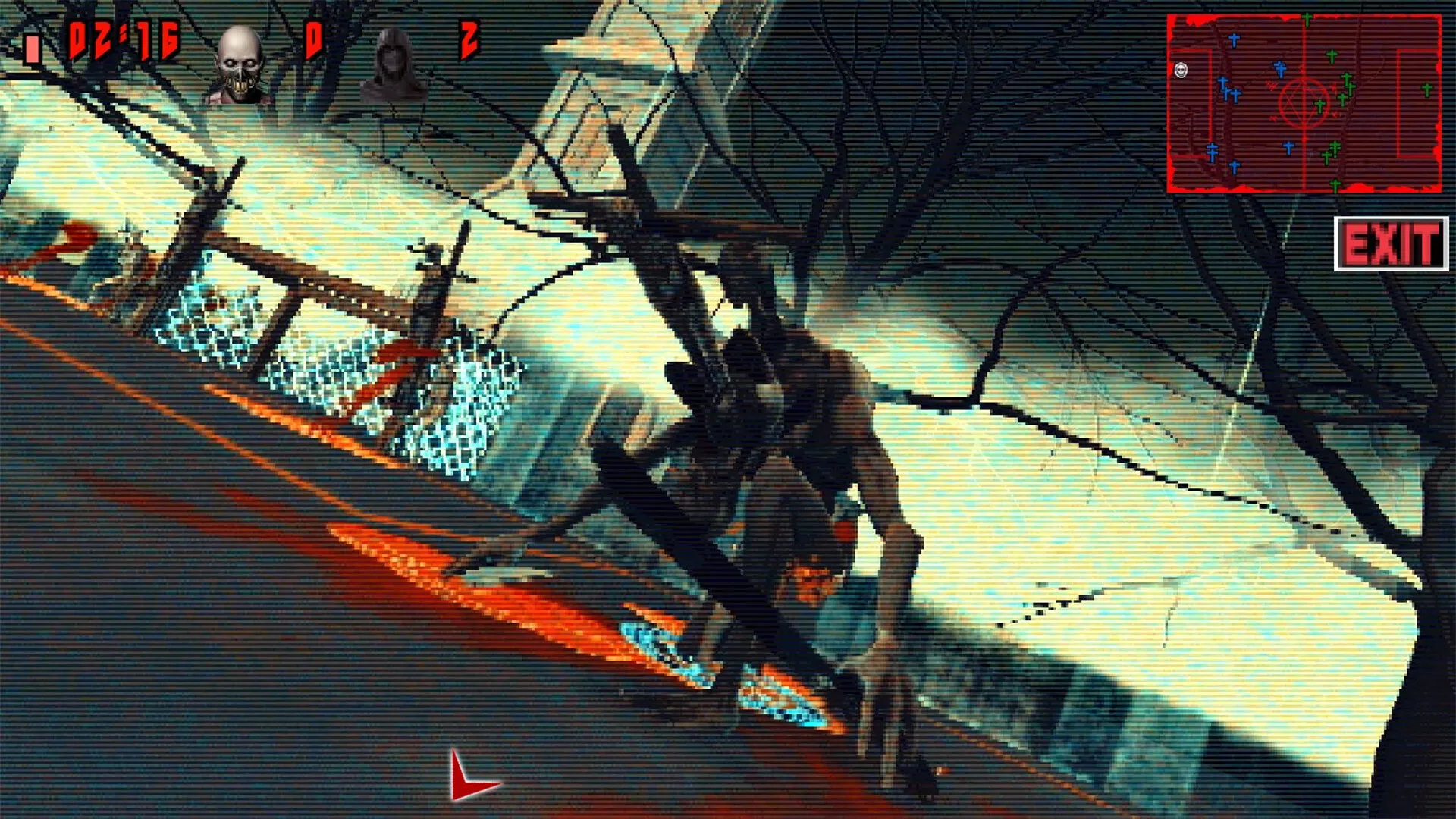 FEAR FA 98: Demon crouches menacingly on blood-stained soccer field, EXIT sign and map visible nearby