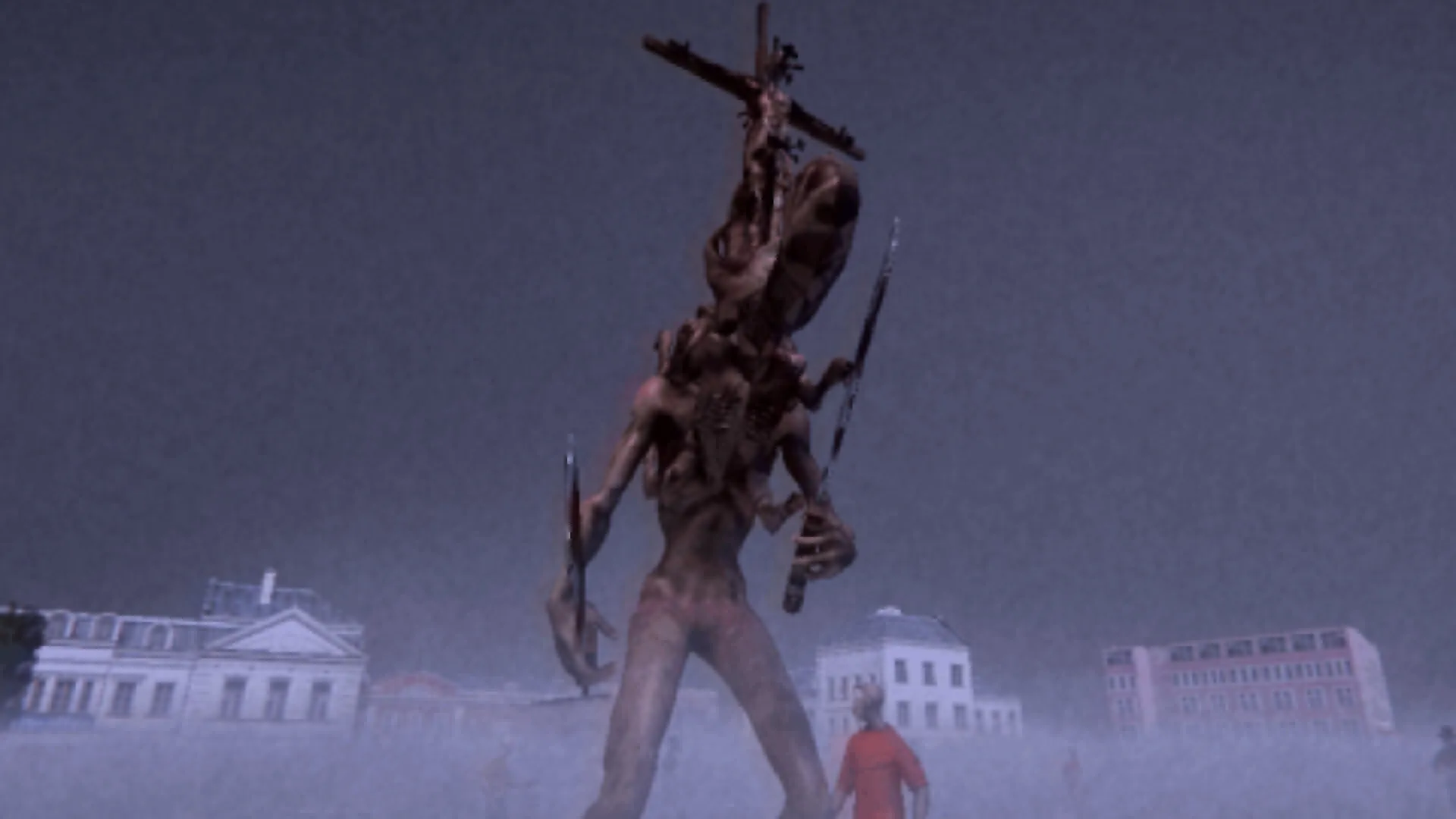 FEAR FA 98: A towering demon wields knives on a misty soccer field with eerie abandoned buildings.