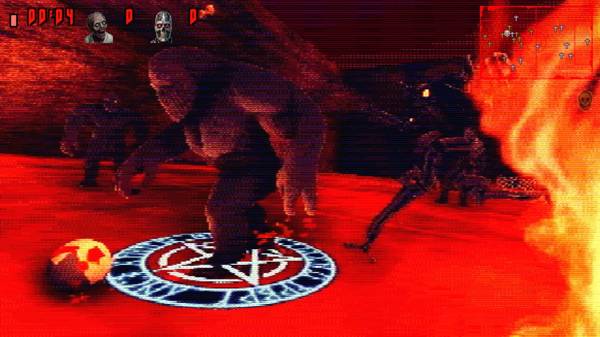 FEAR FA 98: Demonic soccer match on fiery field with two players and head-ball near glowing pentagram