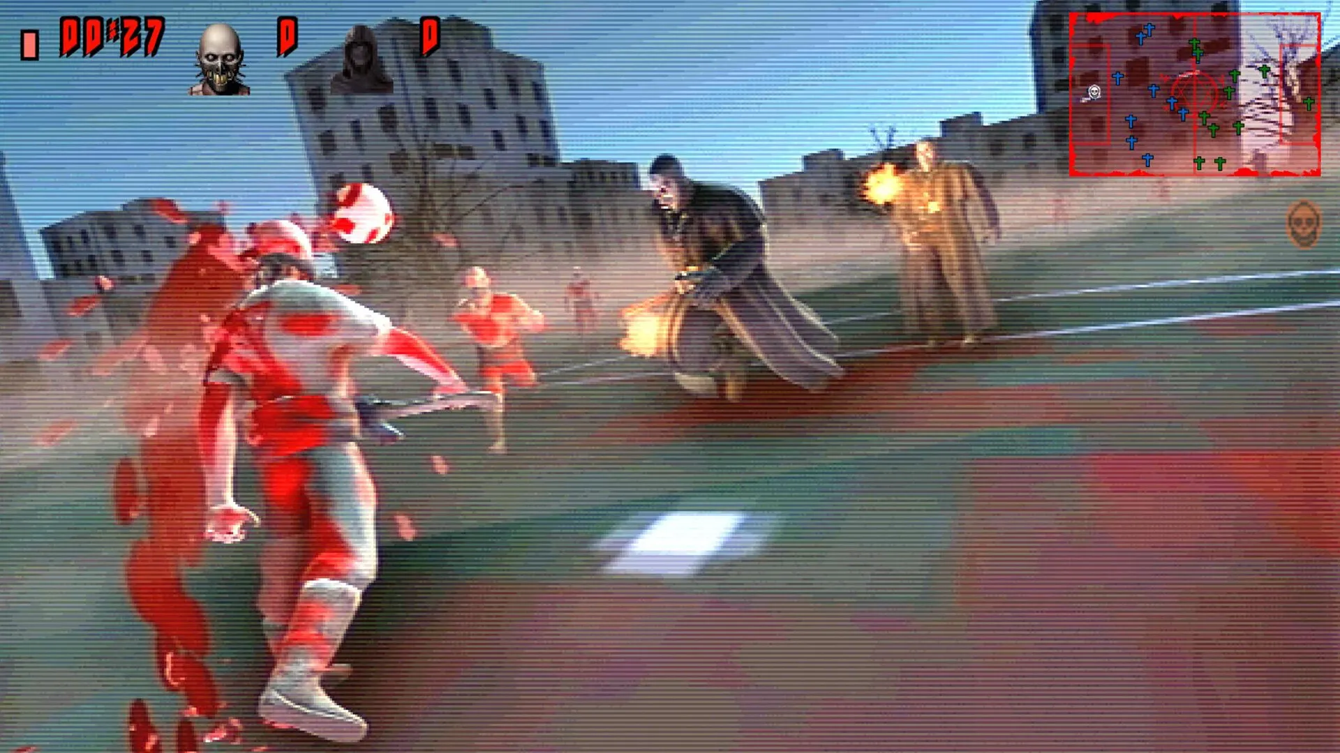 FEAR FA 98: Player in combat with enemies on a blood-stained soccer field, misty urban backdrop