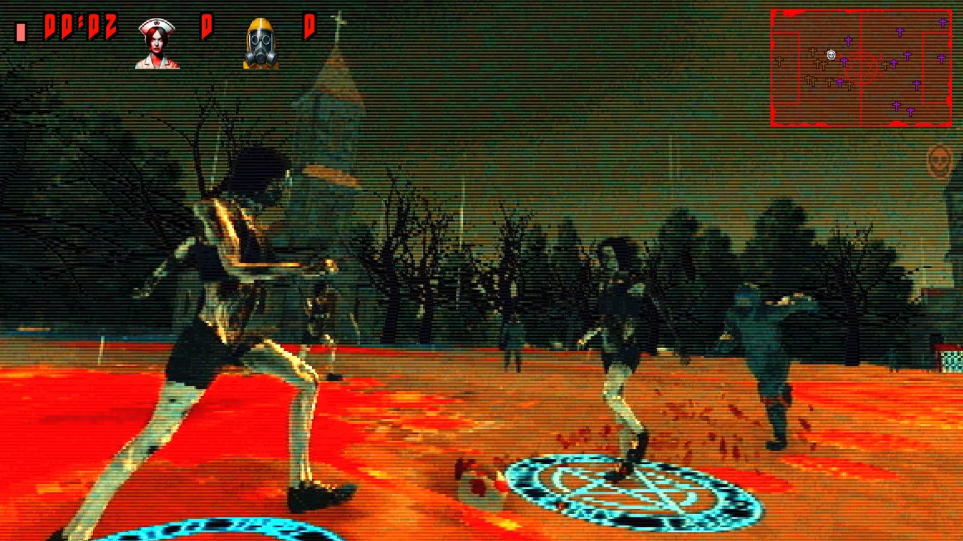 FEAR FA 98: Zombies playing soccer with heads on blood-soaked field, church in background, eerie atmosphere.