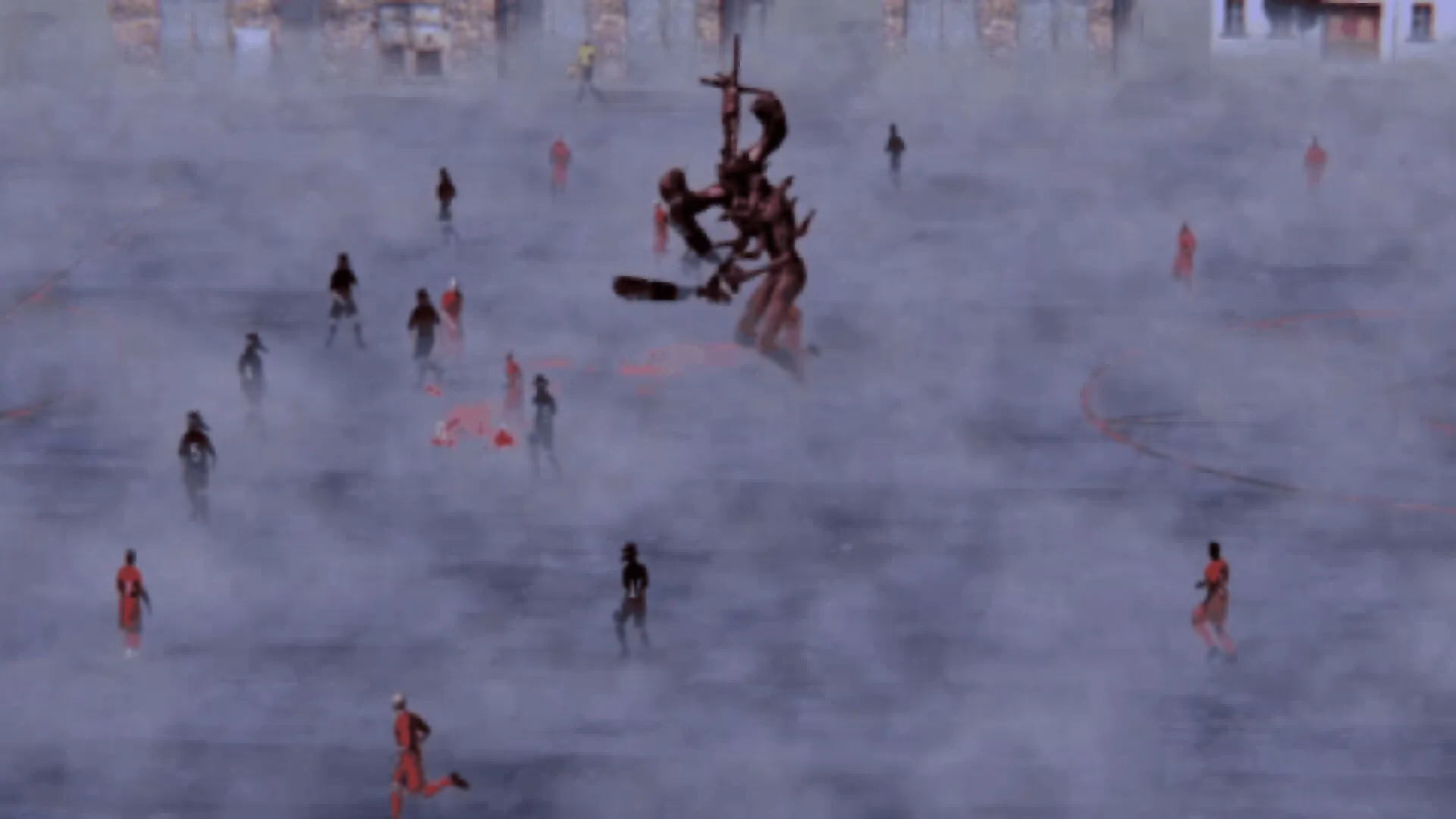 FEAR FA 98: Foggy soccer field with players and a towering demon amidst scattered blood stains