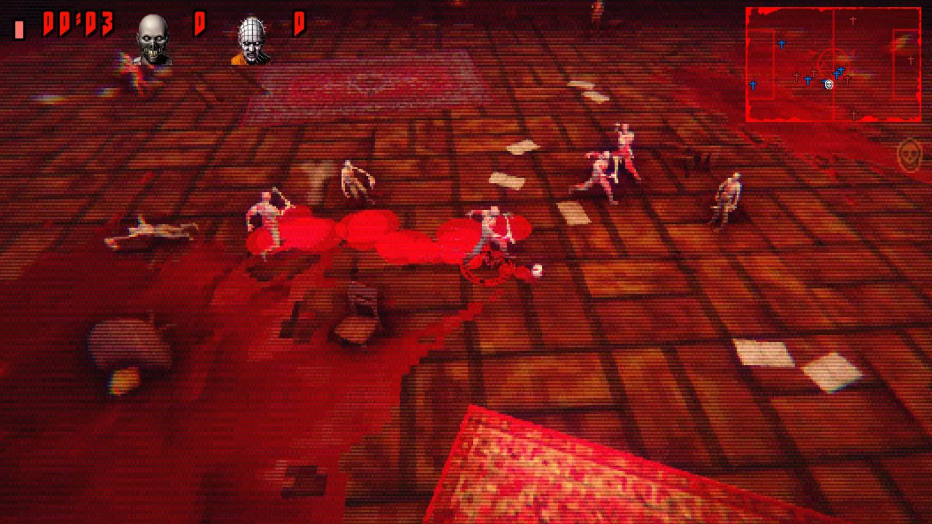 FEAR FA 98: Players dribble with a severed head on a blood-soaked floor, surrounded by enemies.