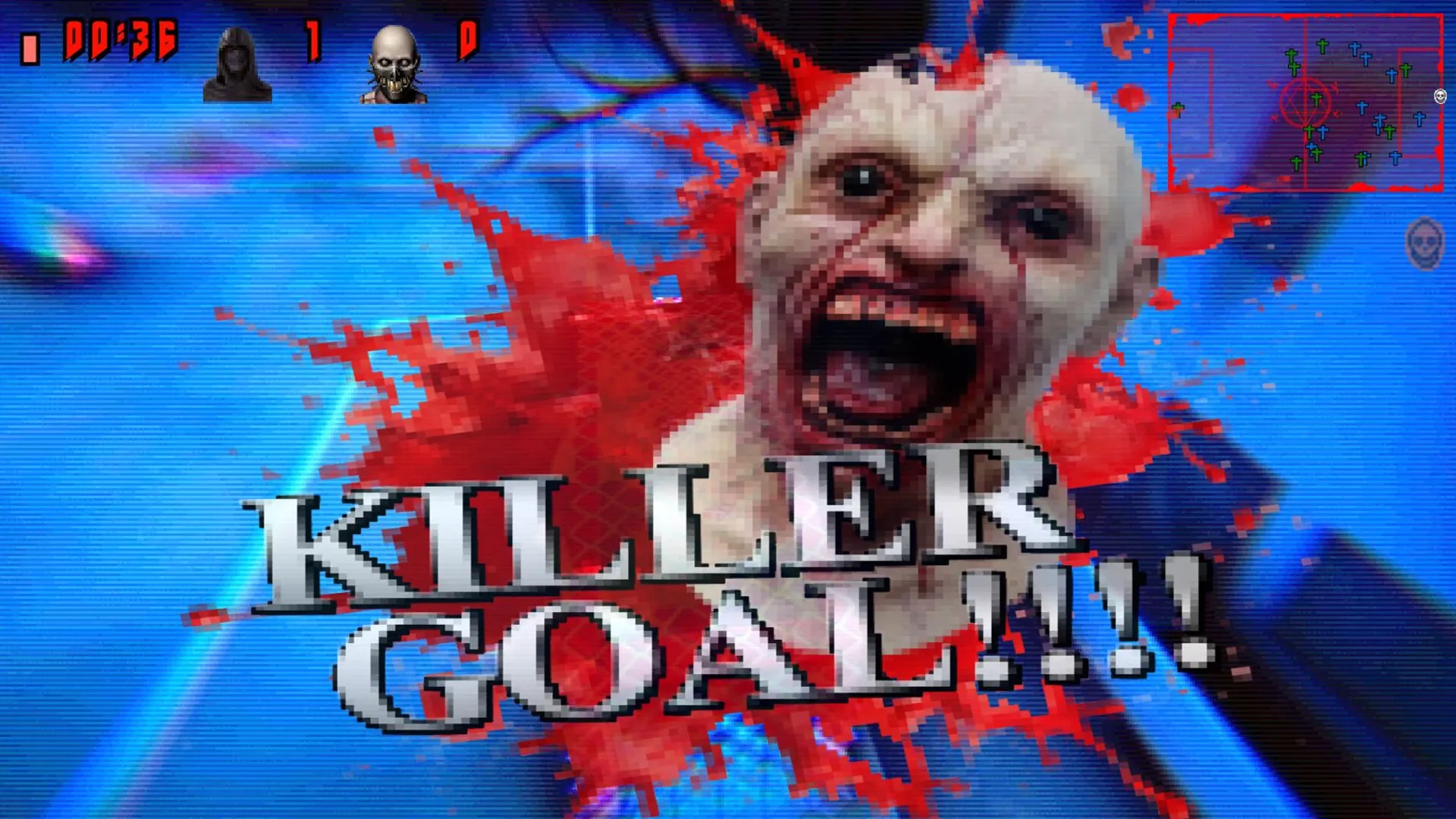 FEAR FA 98: "KILLER GOAL!!" text with screaming face, blood splatter on blue background, game HUD visible.