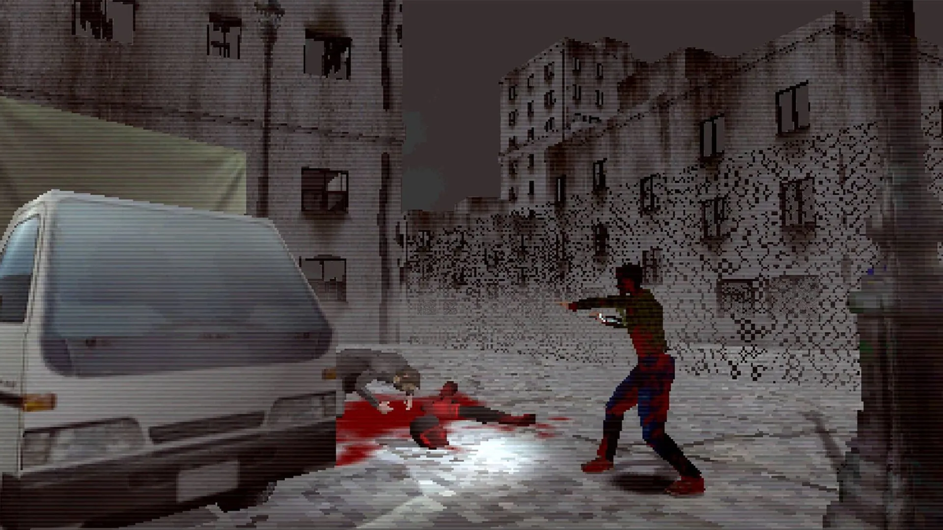FEAR FA 98: Player confronts enemy near van in desolate urban street, blood on ground, overcast sky.