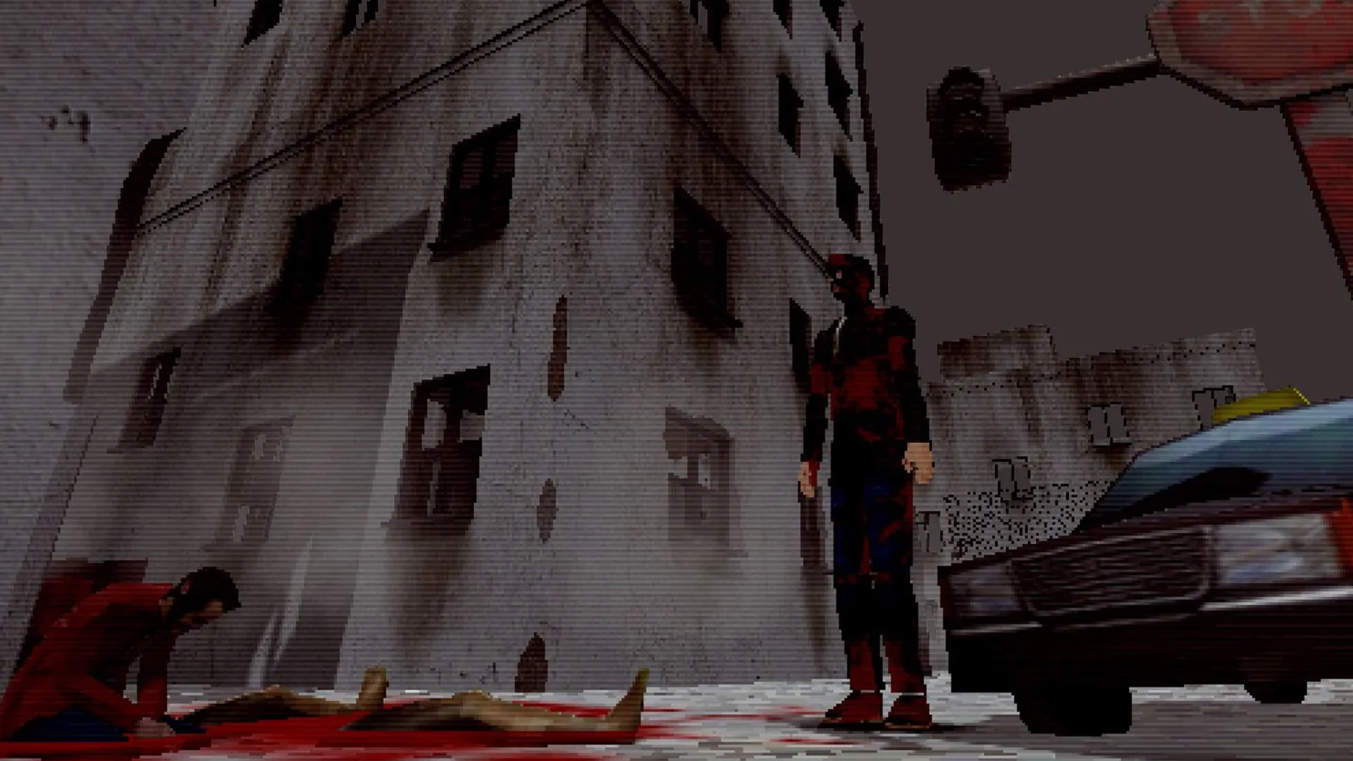 FEAR FA 98: Two characters near a bloodied body in a dark, eerie urban street with a taxi nearby.