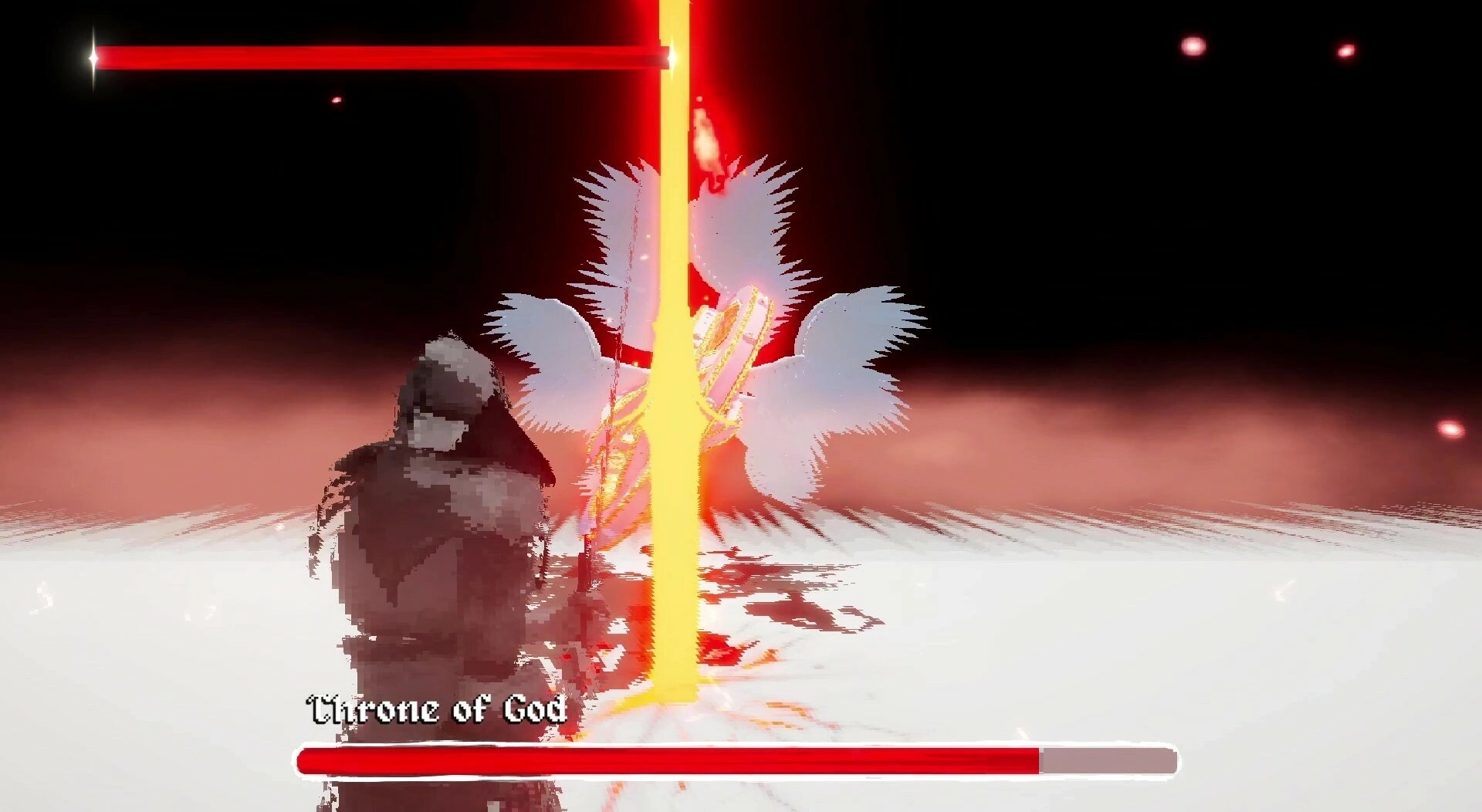Fear Faith: Player faces Throne of God boss as a golden beam strikes in a red void arena UI bar.