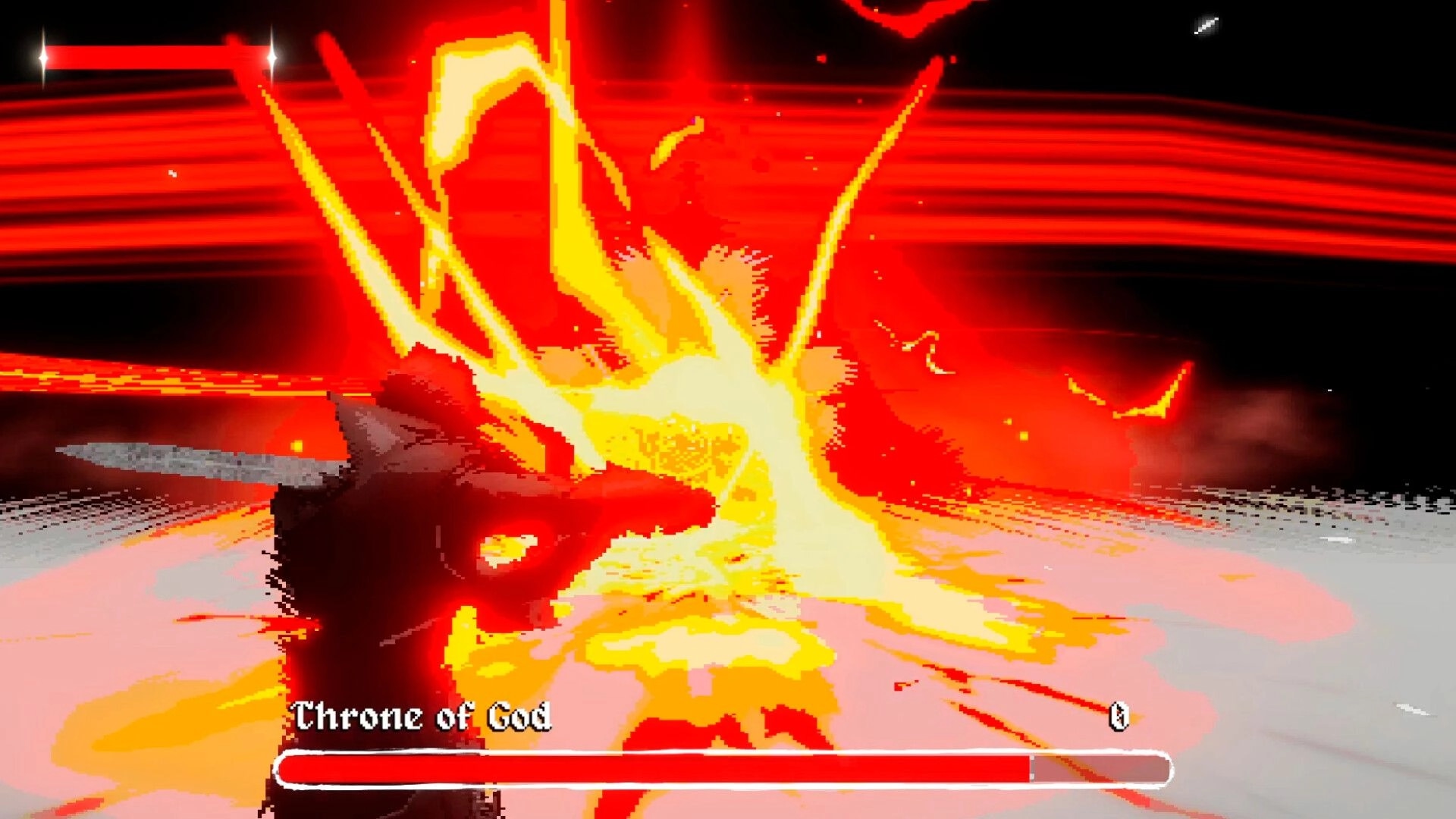 Fear Faith: Sword strike triggers fiery blast as Throne of God boss health bar fills screen in arena.