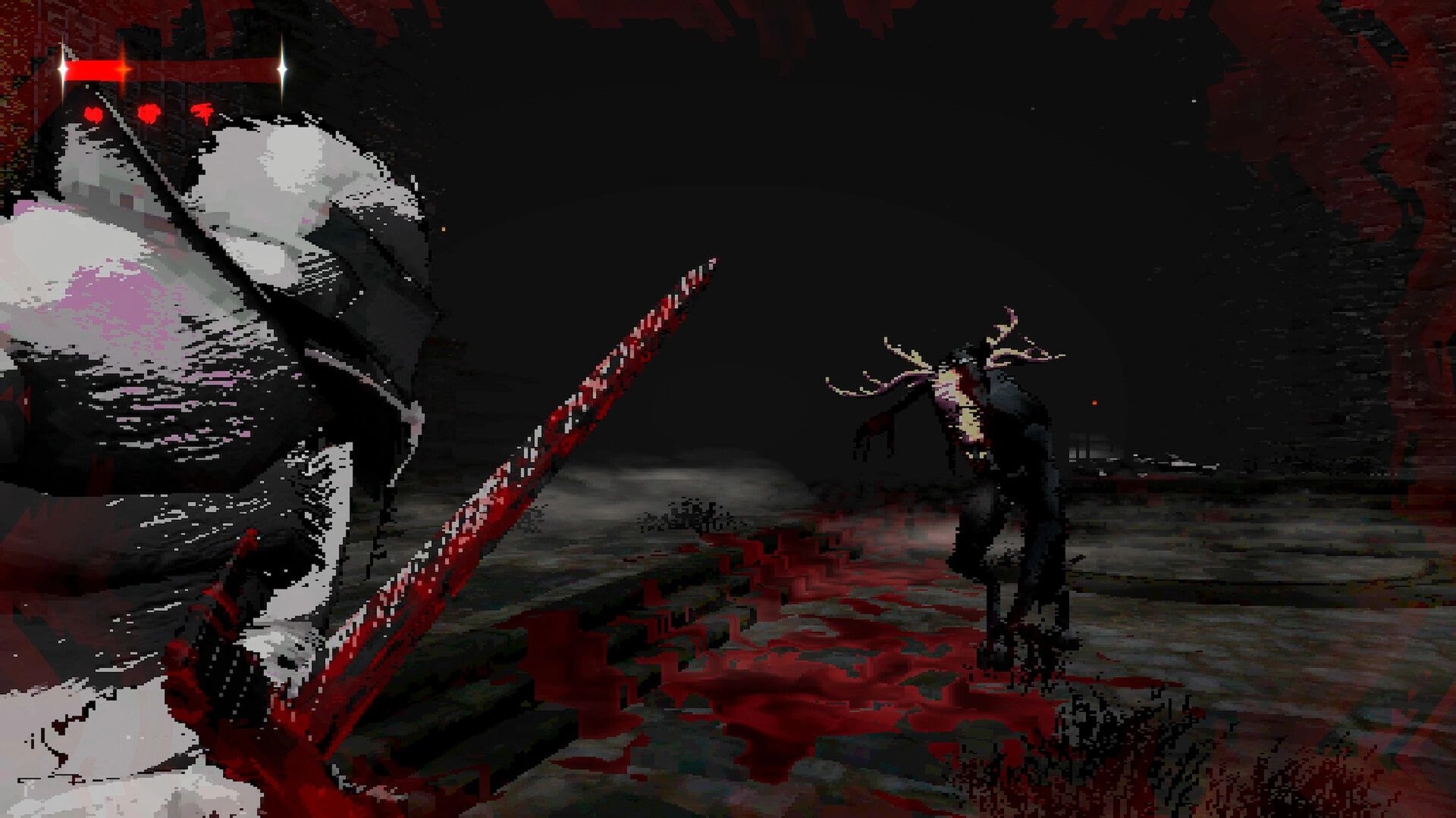 Fear Faith: Bloodied sword raised at a horned horror in a dark arena, red vignette and hearts HUD.