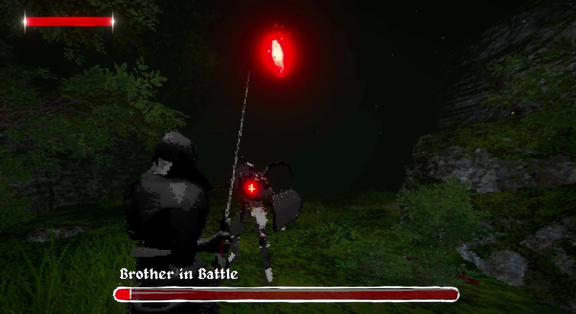 Fear Faith: Third-person sword fight with Brother in Battle boss in dark forest canyon, red UI bars.