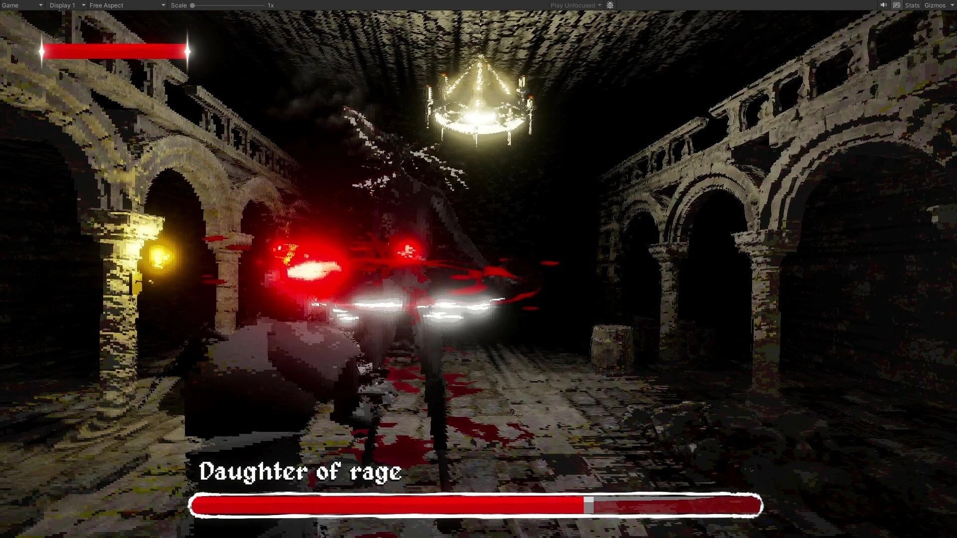 Fear Faith: Boss fight versus Daughter of rage in dark stone hall with arches and red attacks, HP bar.