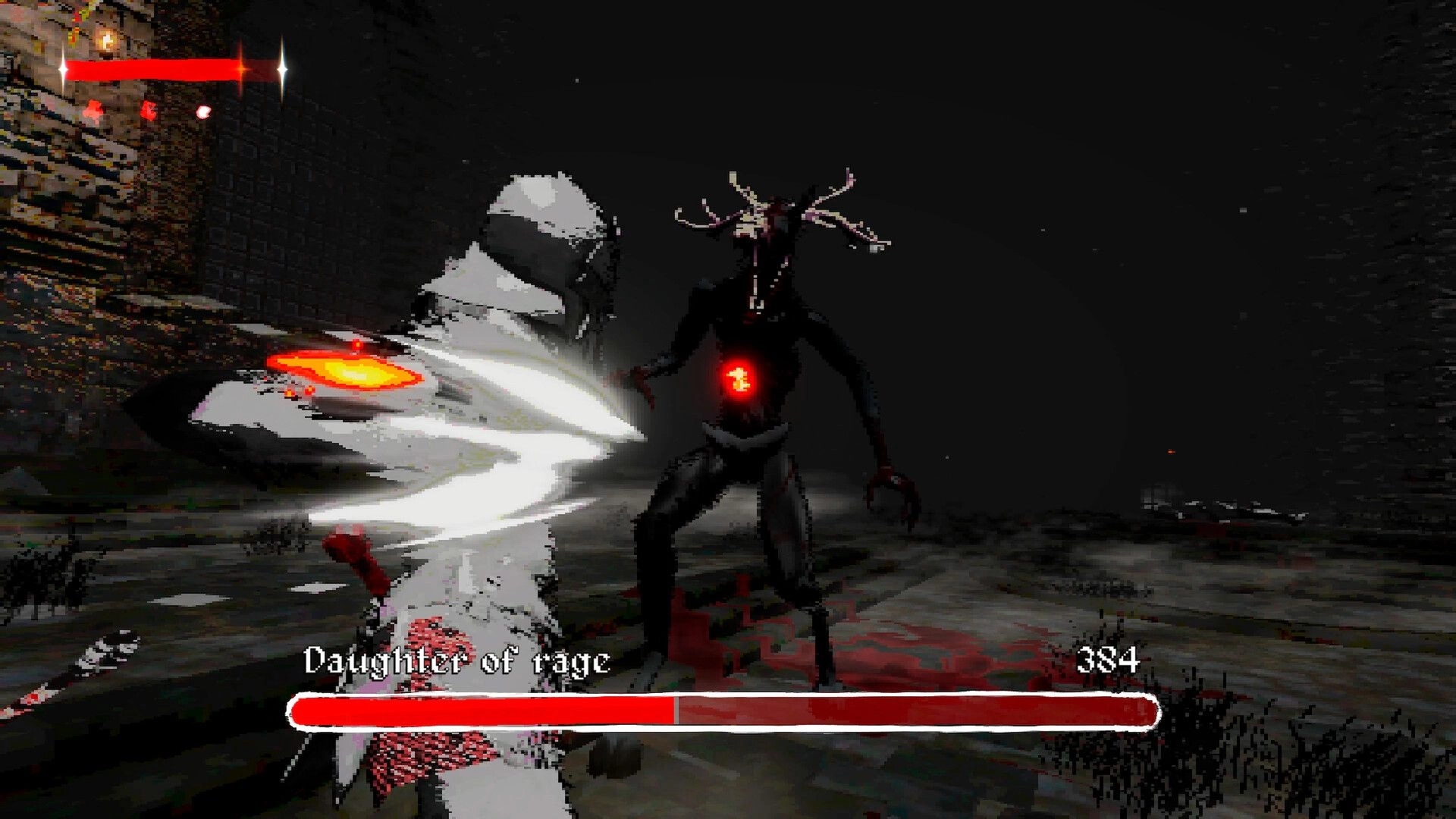 Fear Faith: Sword slash hits antlered boss Daughter of rage in dark arena with red boss bar UI.