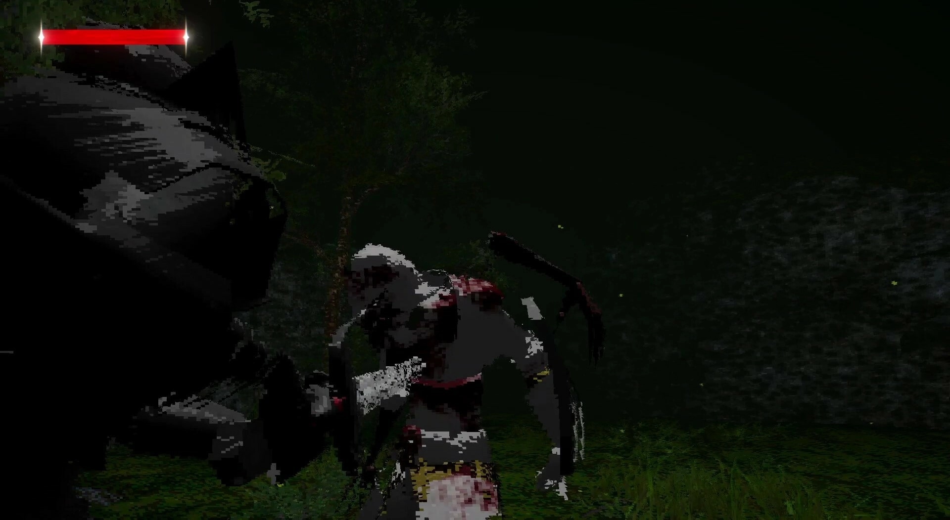 Fear Faith: Armored warrior faces a towering beast in a dark forest clearing with red health bar UI.