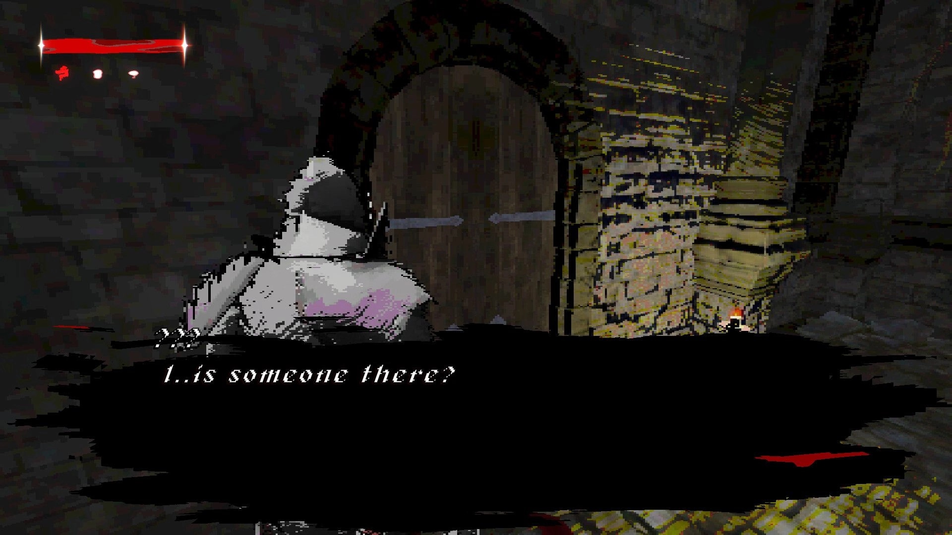 Fear Faith: Armored knight faces a wooden door in stone corridor, dialogue box asks "Is someone there?".