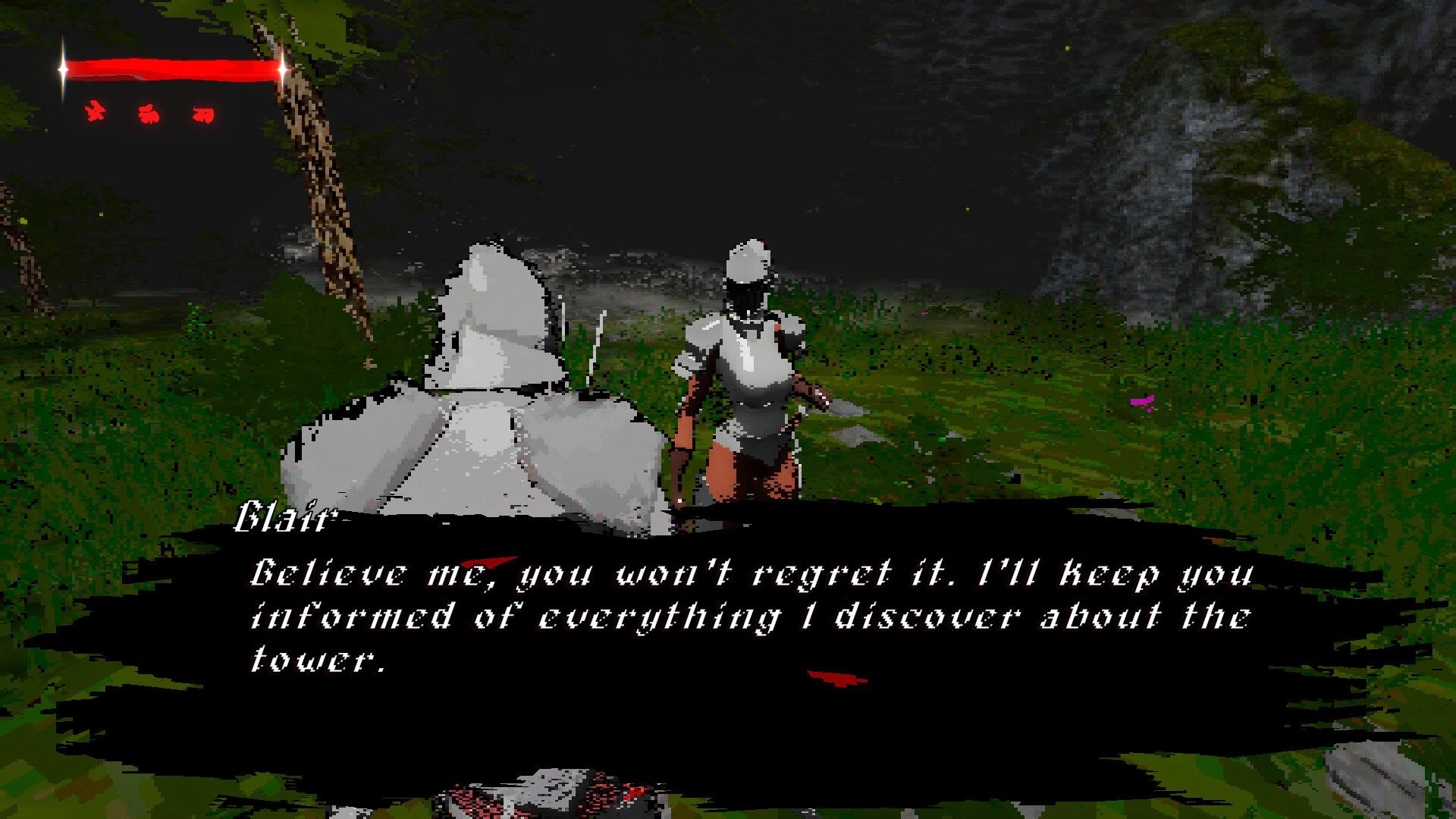 Fear Faith: Dialogue with Olatt beside armored player in grassy clearing, health bar UI visible.
