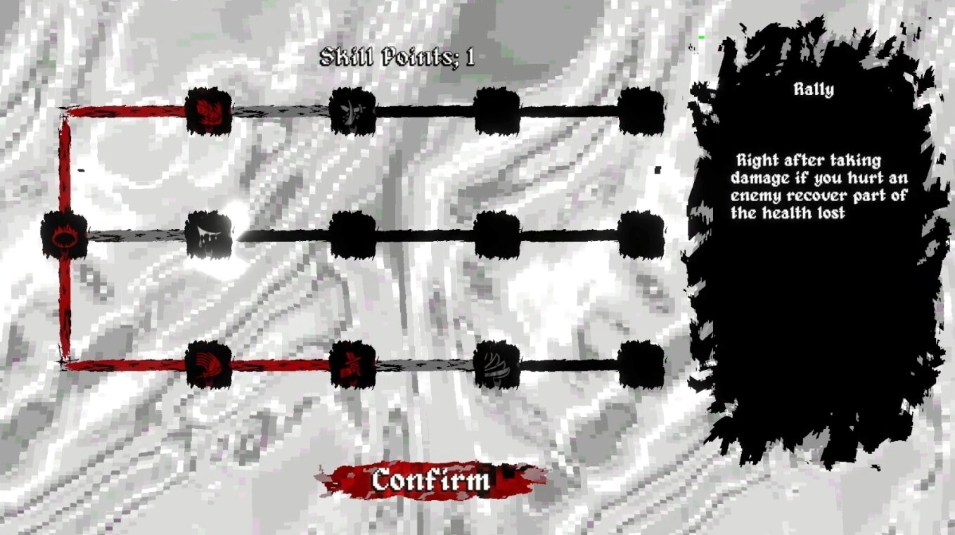 Fear Faith: Skill tree upgrade screen with Rally tooltip and Confirm button on gray parchment backdrop.