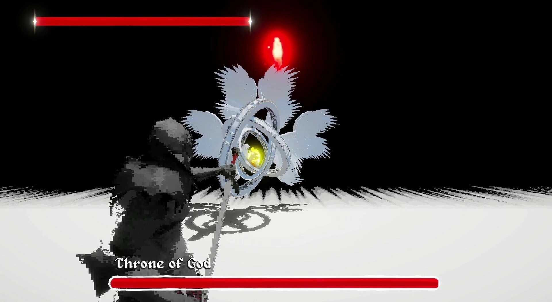 Fear Faith: Player faces Throne of God boss with red health bars in stark black-and-white arena.