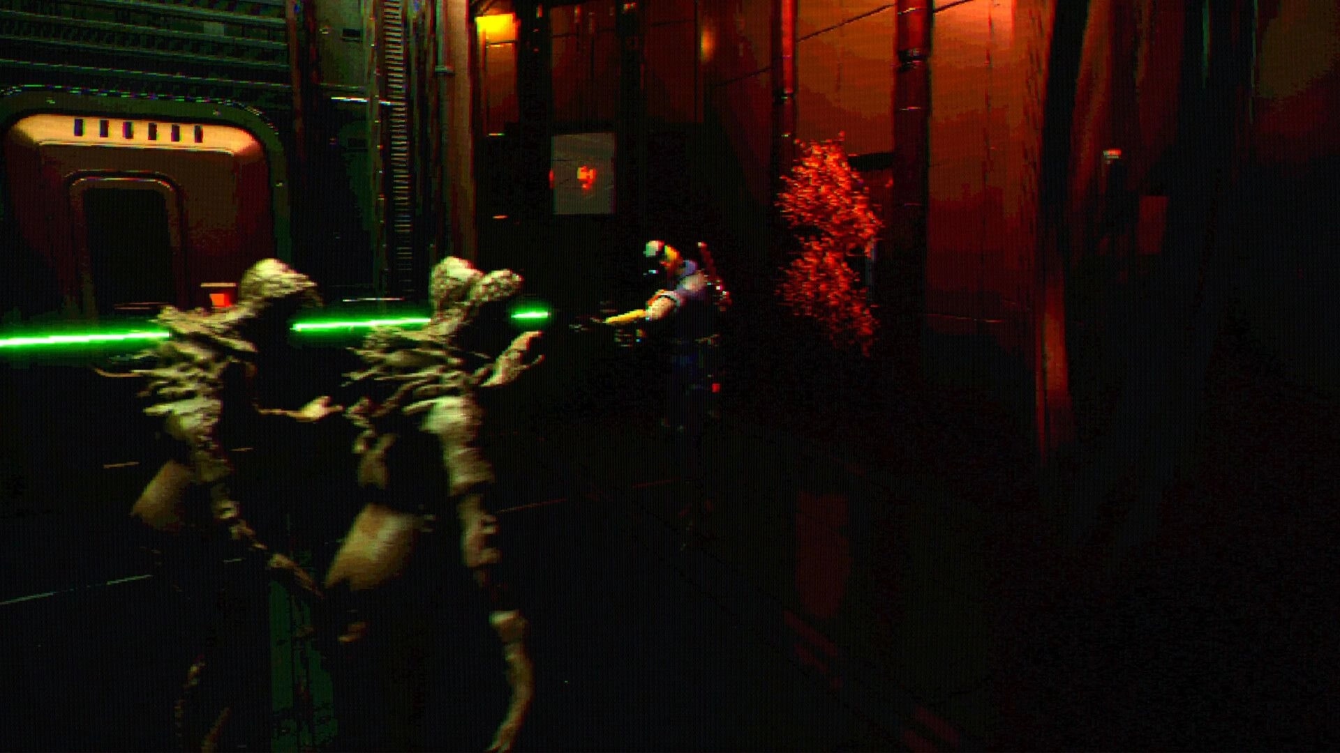 FEAR OF SLEEP: Player fires a green energy beam at two mutants in a dim metal corridor with gore splatter