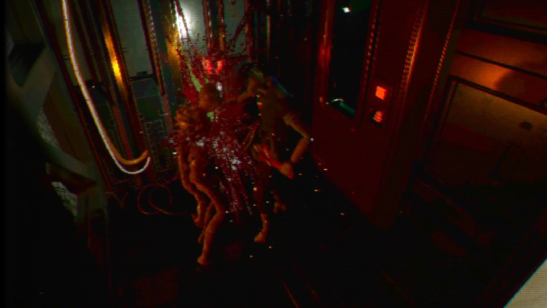 FEAR OF SLEEP: Player stomps a writhing mutant amid blood spray in a cramped red-lit corridor