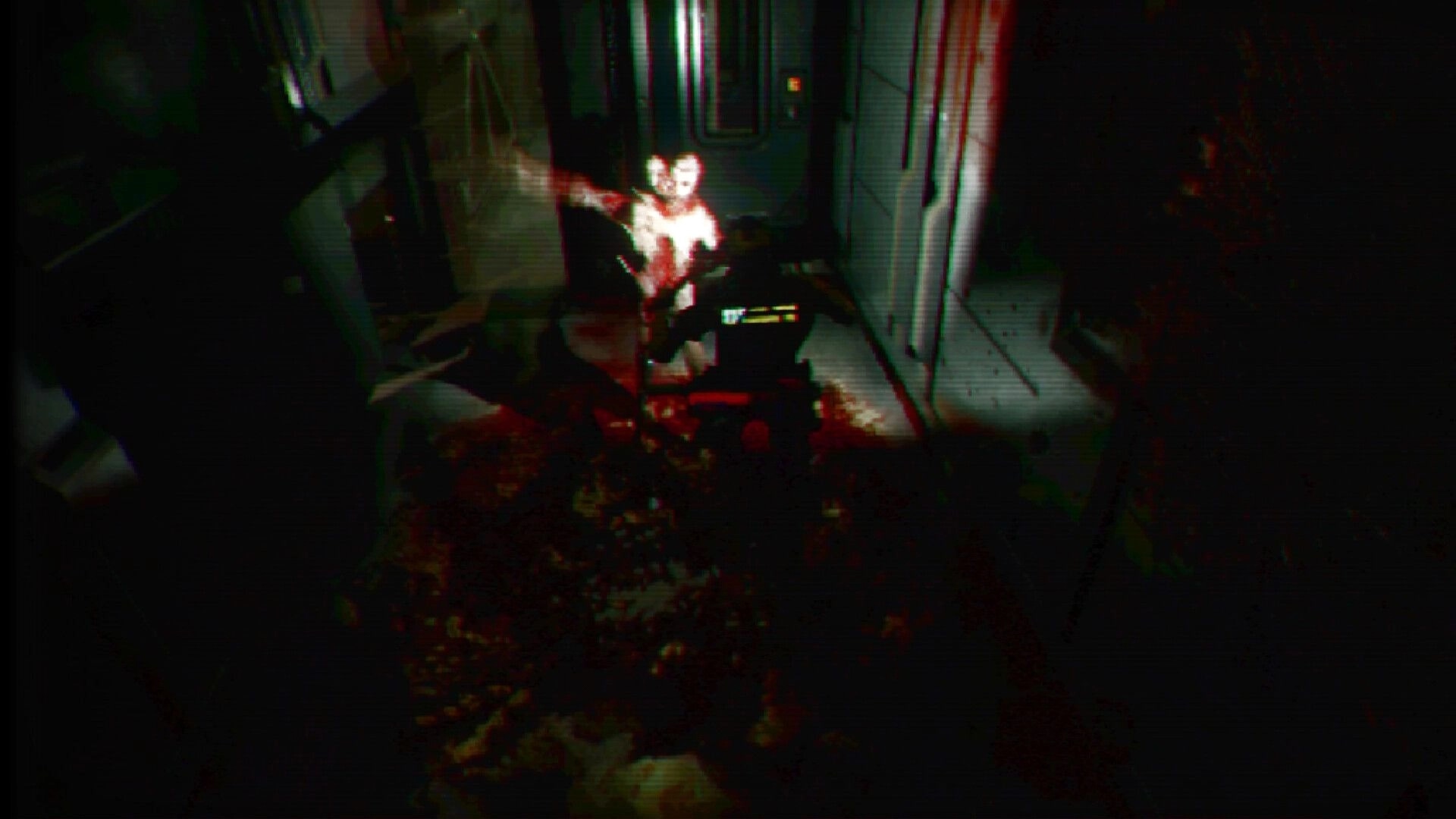 FEAR OF SLEEP: First-person gunfight with a bloodied humanoid in a dim industrial corridor with HUD