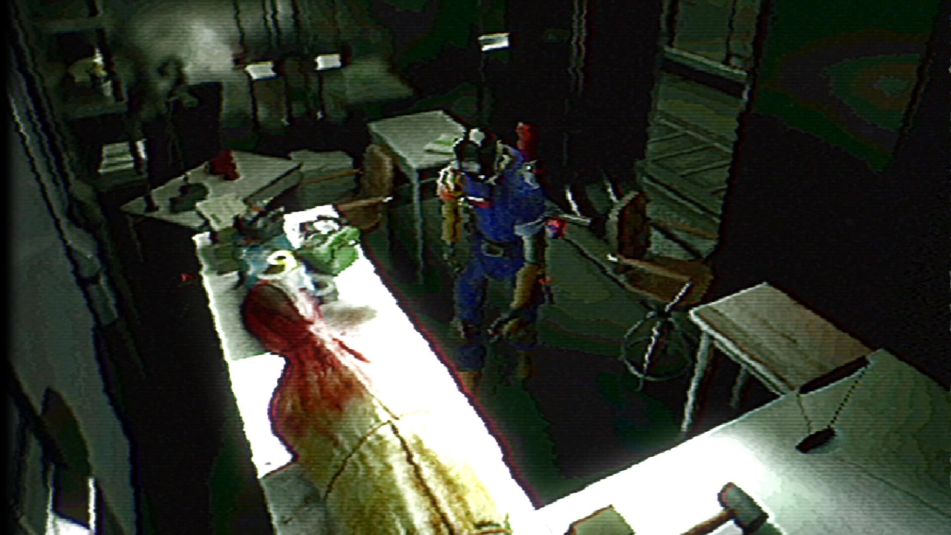 FEAR OF SLEEP: Armored character explores a grimy lab with bloodied table and medical tools in view