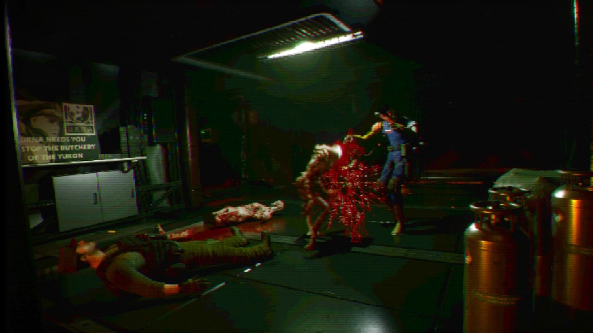 FEAR OF SLEEP: Woman fires shotgun at a gore-spraying mutant in a dim industrial lab room