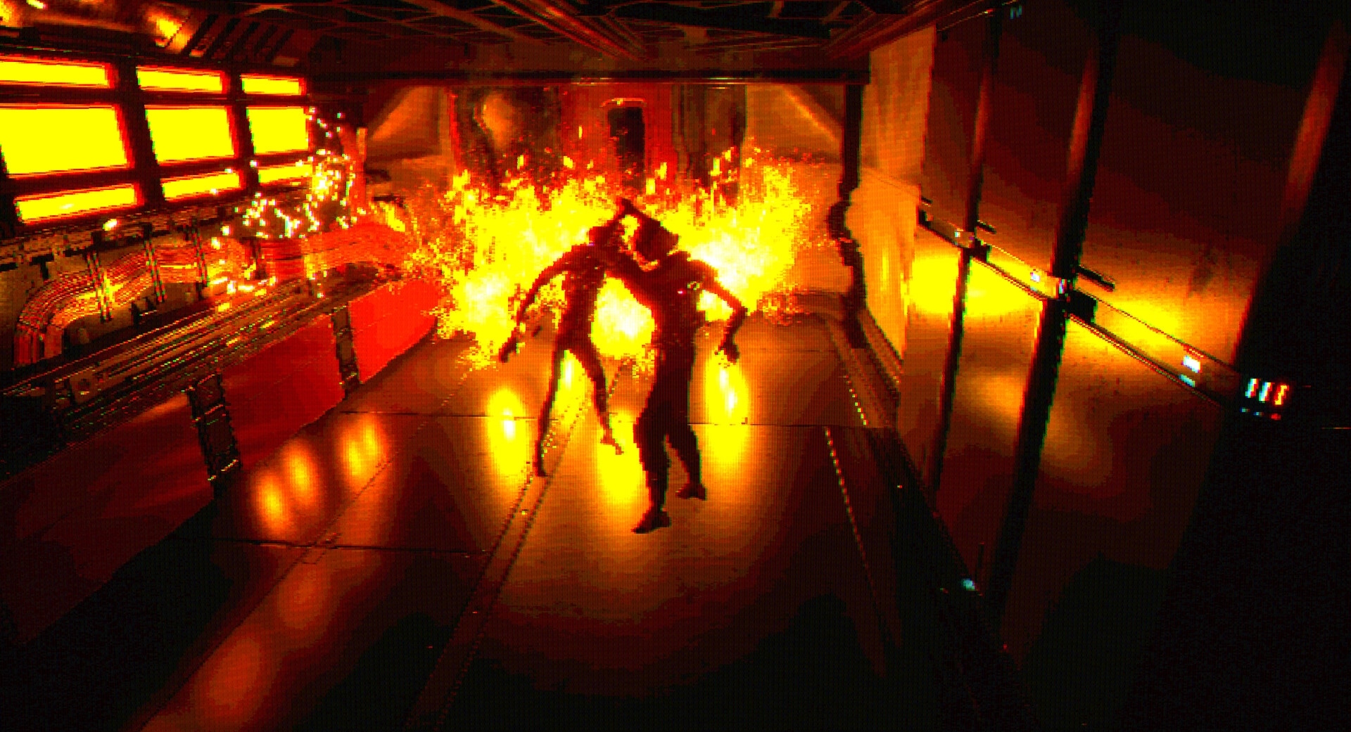 FEAR OF SLEEP: Two shadowy humanoids stagger through flames in a red-lit sci-fi corridor walkway
