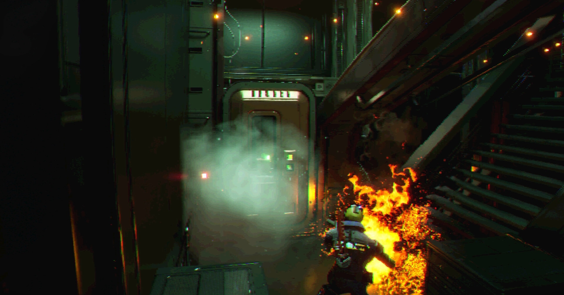 FEAR OF SLEEP: Armored character on fire near a smoky door in a dim industrial corridor