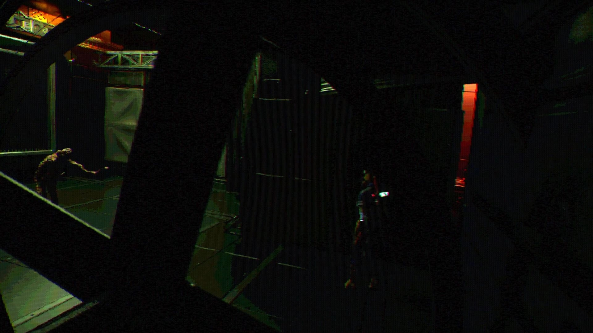 FEAR OF SLEEP: Player aims flashlight at a crawling monster in a dim industrial corridor behind pipes
