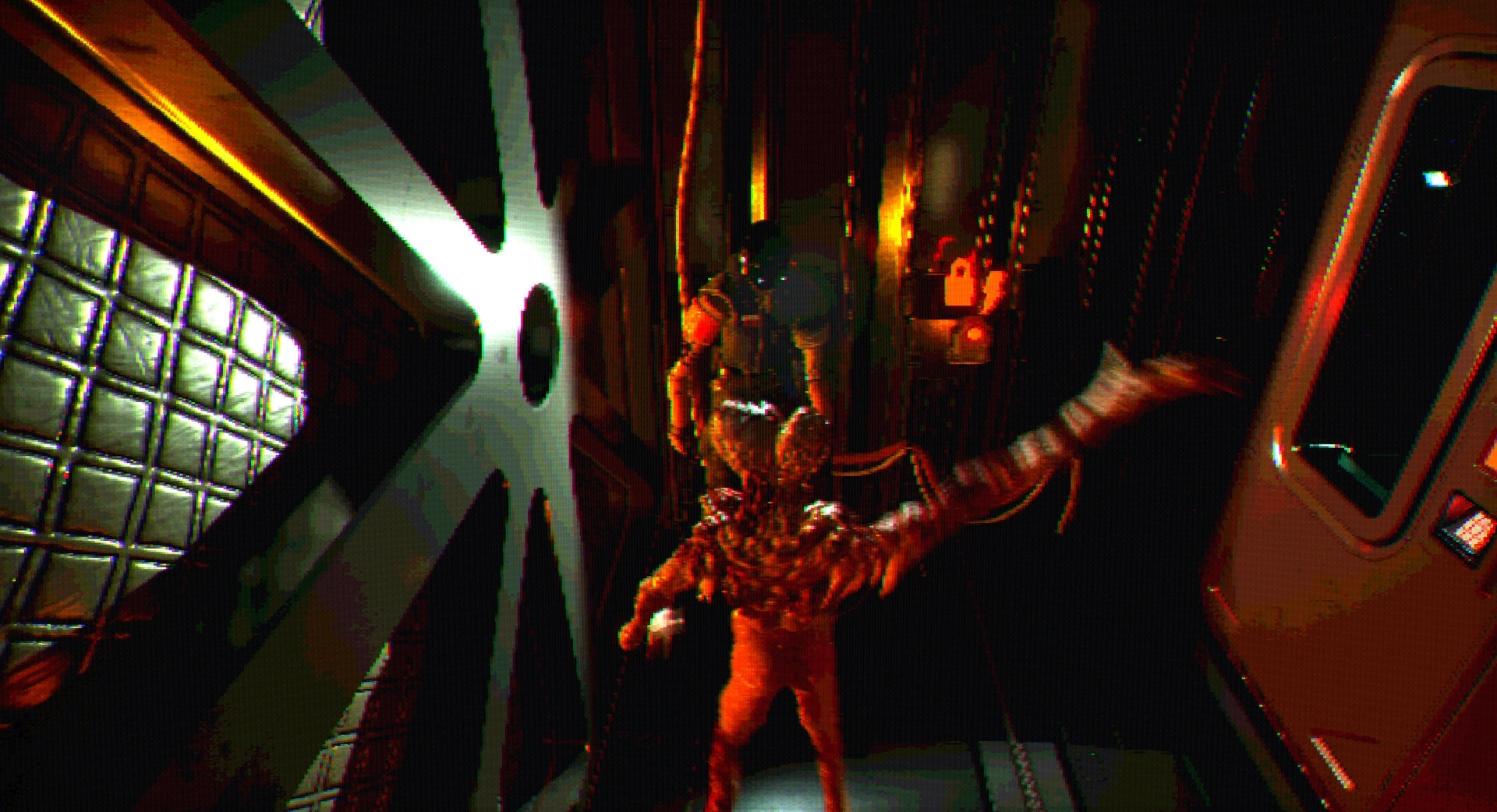 FEAR OF SLEEP: Grotesque humanoid monster lunges in narrow sci-fi corridor lit by red alarm lights