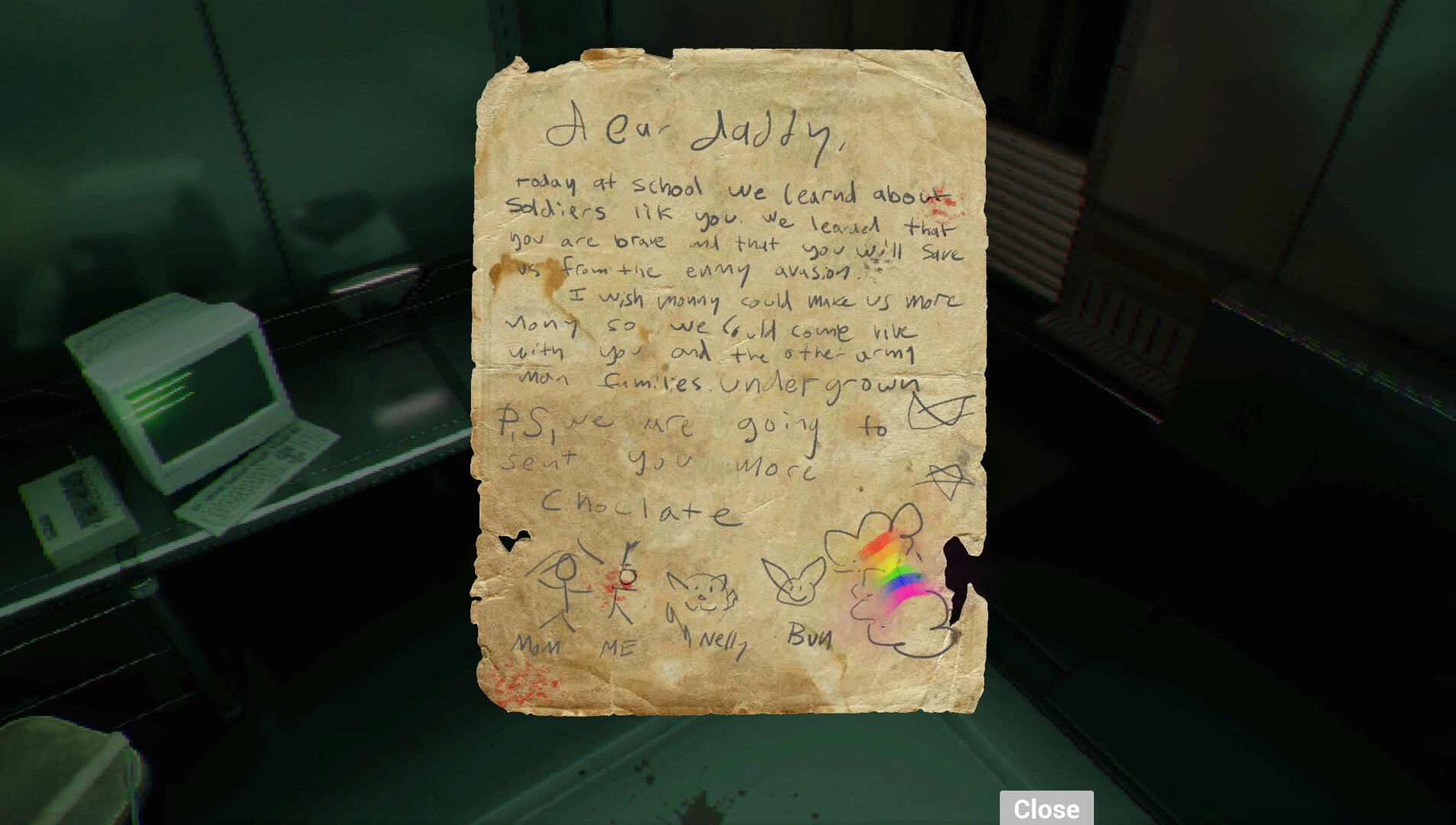 FEAR OF SLEEP: Reading a child's letter note UI over a dim metal corridor with old computer terminal