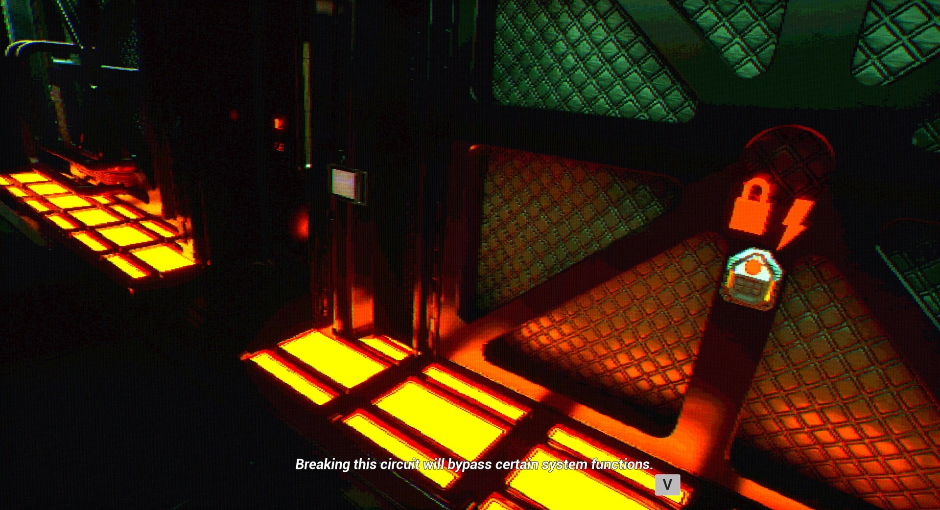 FEAR OF SLEEP: Circuit puzzle hint text with V prompt in neon-lit industrial corridor with locked pipe panel