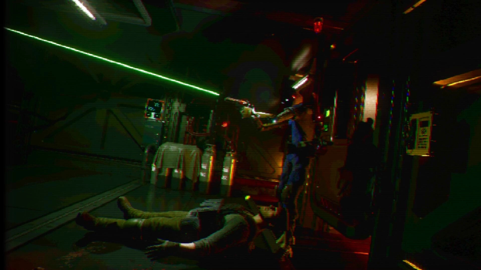 FEAR OF SLEEP: Armed figure aims pistol over a body on floor in neon-lit industrial corridor