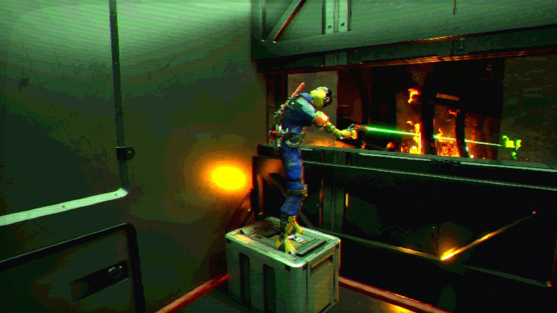 FEAR OF SLEEP: Armored character fires green energy beam through window in burning industrial room