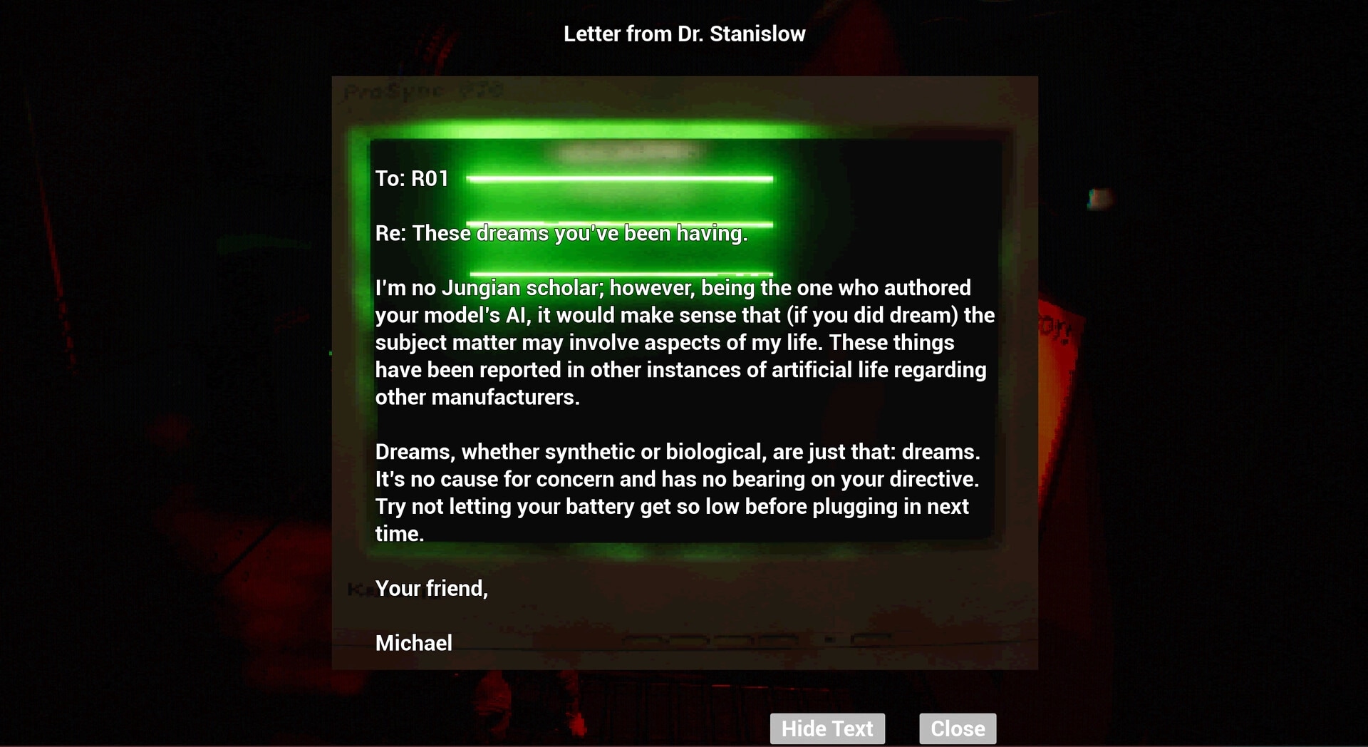 FEAR OF SLEEP: Reading Letter from Dr. Stanislow text window with Hide Text and Close buttons in dark lab