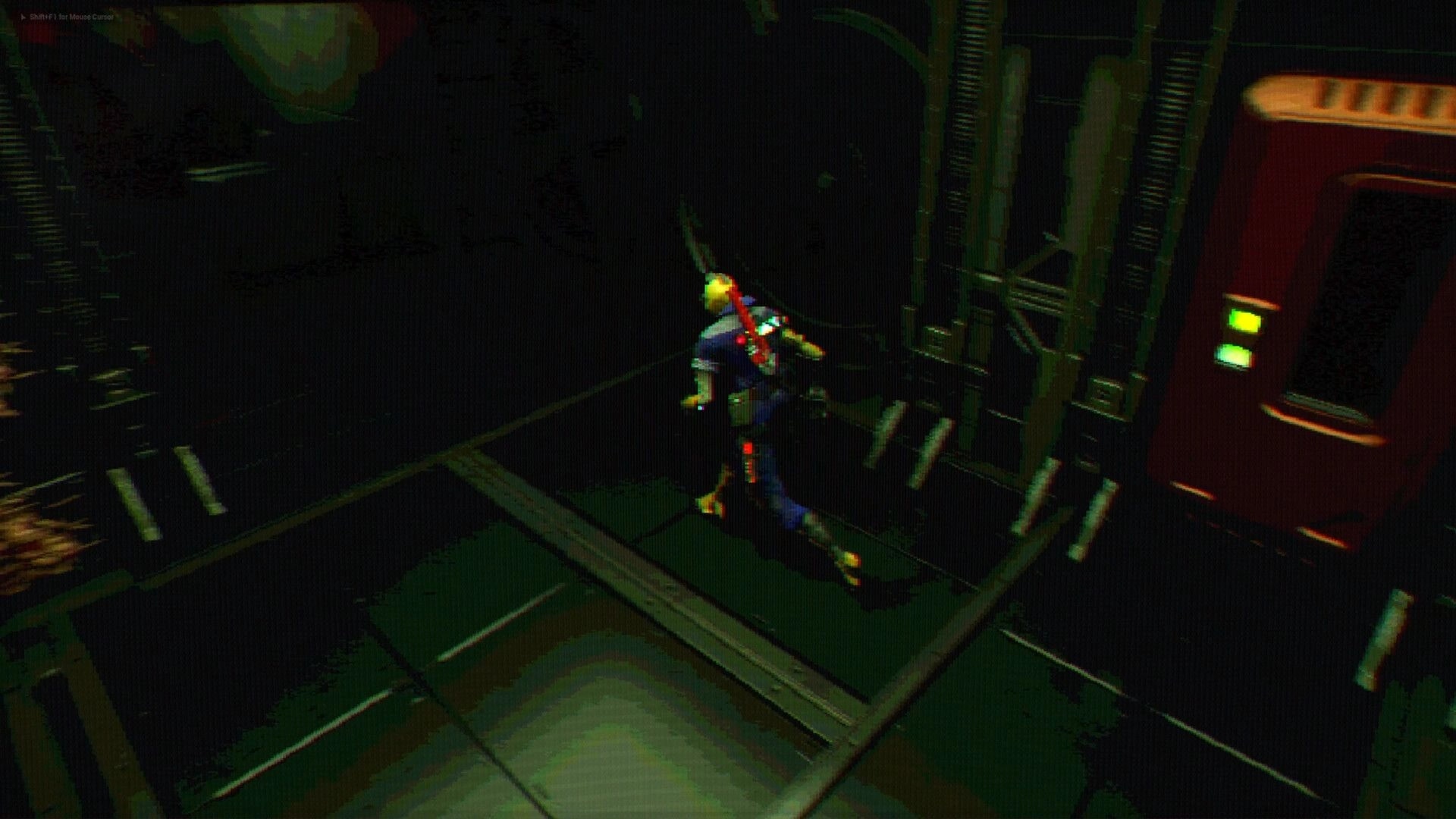 FEAR OF SLEEP: Third-person character runs past a red control panel in a dim metal corridor room