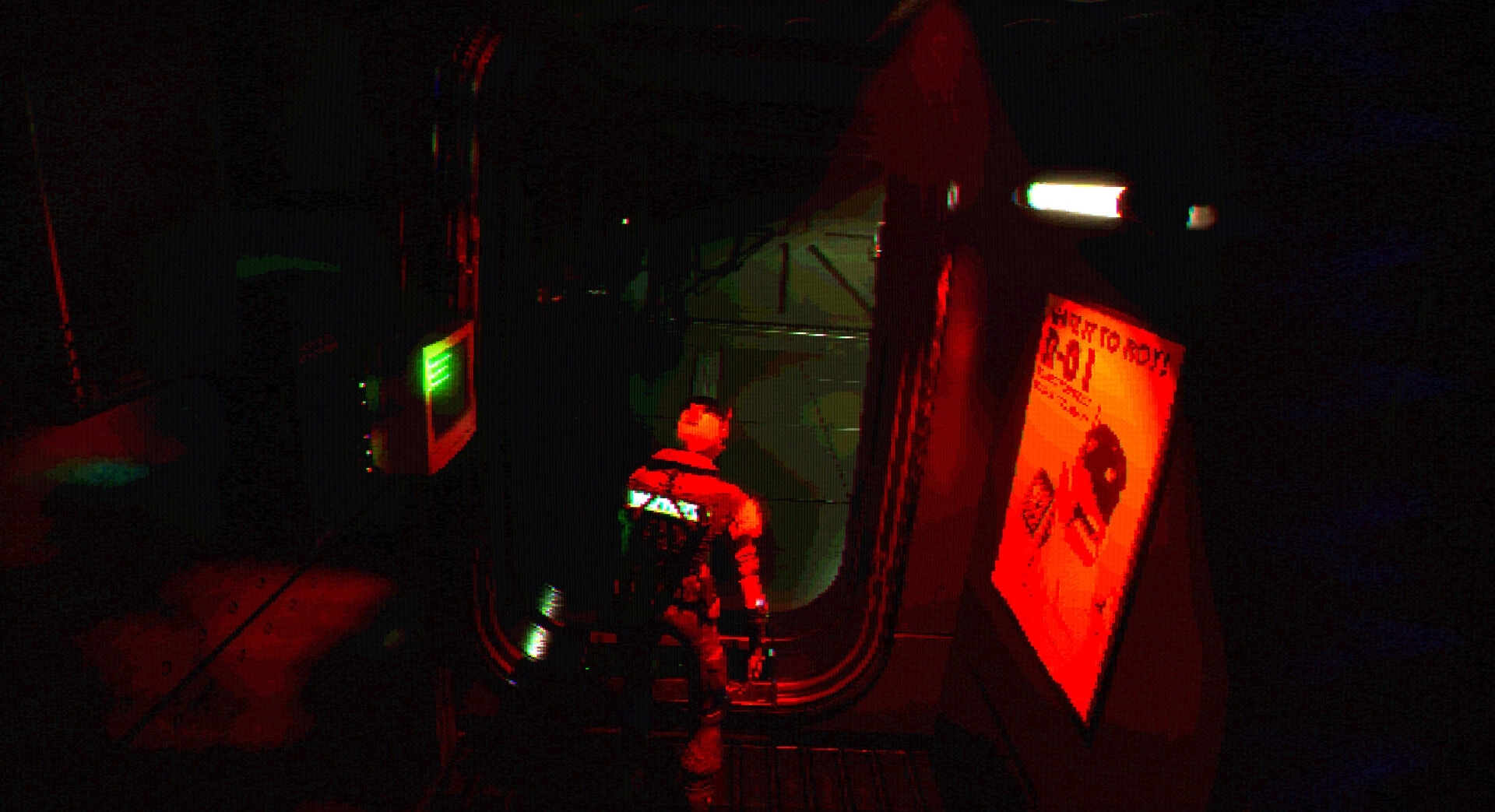 FEAR OF SLEEP: Player character steps through a bulkhead door in a red-lit industrial corridor with poster