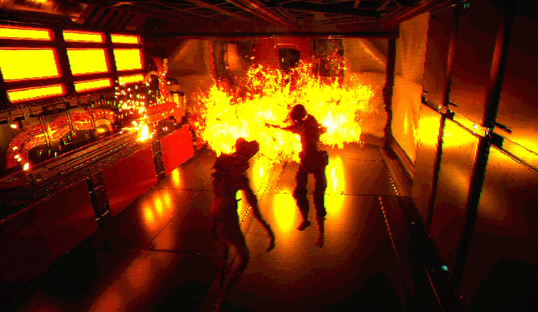 FEAR OF SLEEP: Two humanoid figures caught in a fiery explosion inside a red-lit sci-fi corridor