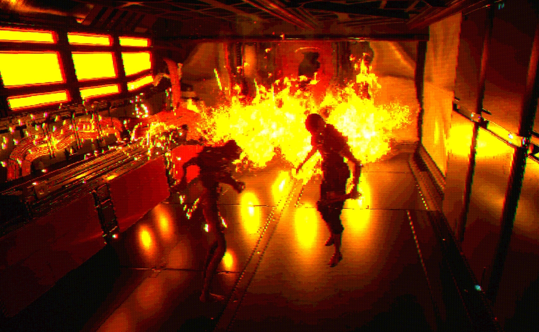 FEAR OF SLEEP: Two humanoid figures stagger near a fiery blast in a dim industrial corridor