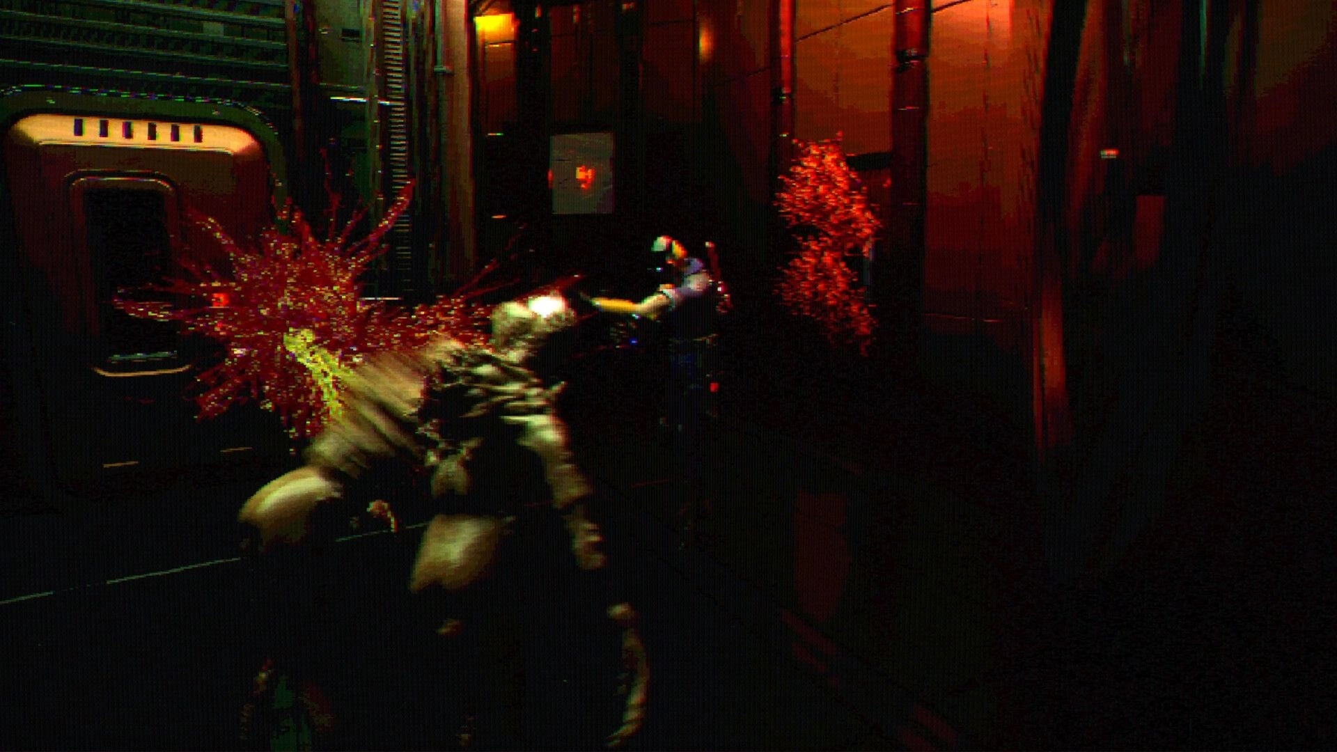 FEAR OF SLEEP: Bloody melee strike on a humanoid enemy in a dim red-lit metal corridor near a door