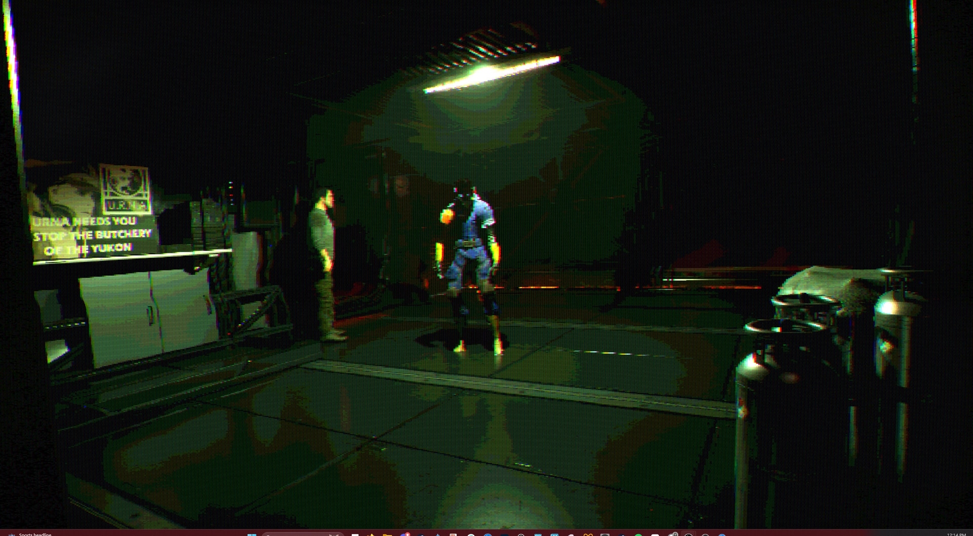 FEAR OF SLEEP: Player character faces a man under harsh light in a grimy sci-fi bunker room