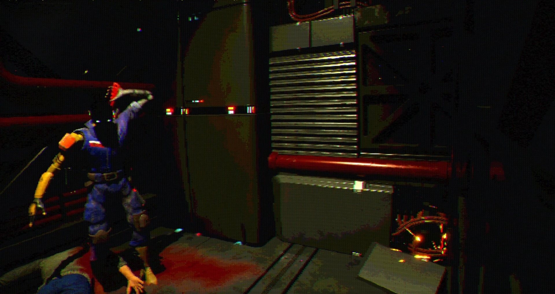 FEAR OF SLEEP: Blue-suited character stands over a body in a bloodstained industrial corridor with vents