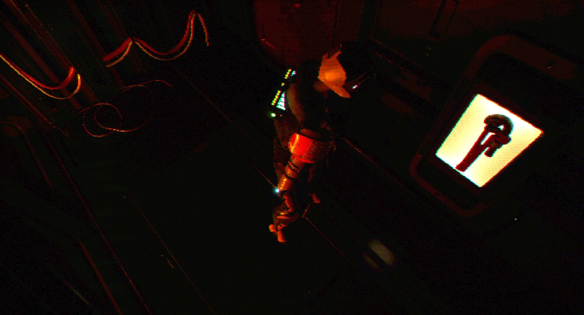 FEAR OF SLEEP: Armored character stands by a glowing key icon monitor in a dark industrial corridor