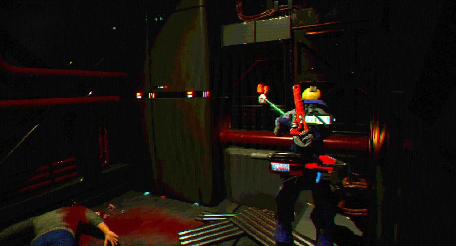 FEAR OF SLEEP: Helmeted survivor aims a laser tool near a bloodied body in a dark metal corridor