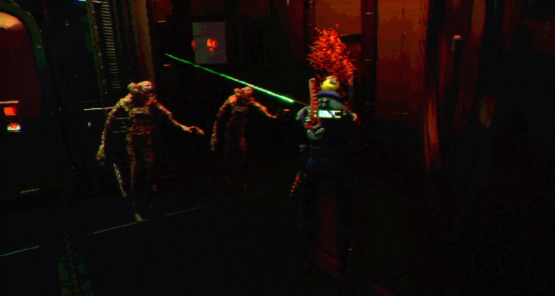 FEAR OF SLEEP: Armored soldier fires green laser at two mutants in a dark industrial corridor